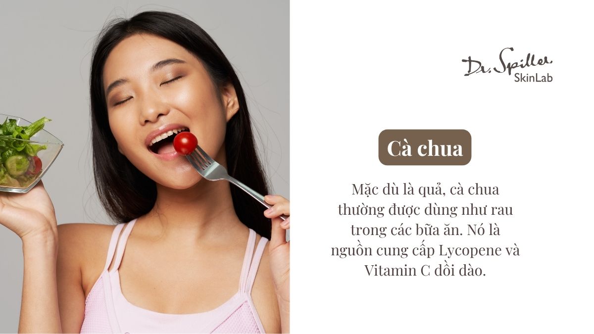 Vitamin C trong cà chua thúc đẩy sản sinh collagen và làm sáng da, giảm thâm mụn